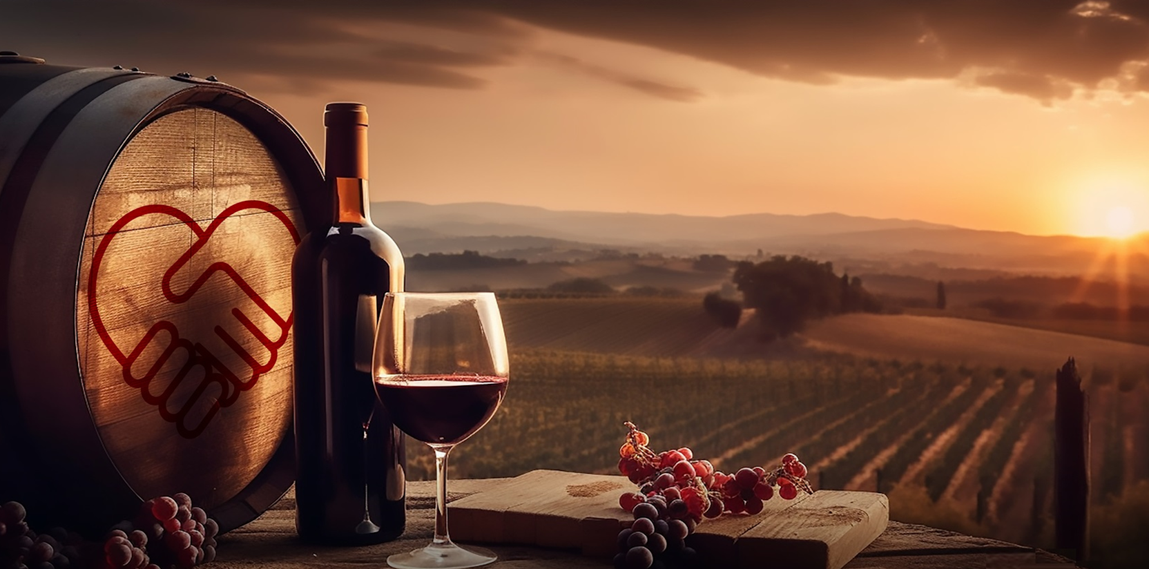 Botte, bottiglia e calice di vino davanti ai vigneti al tramonto