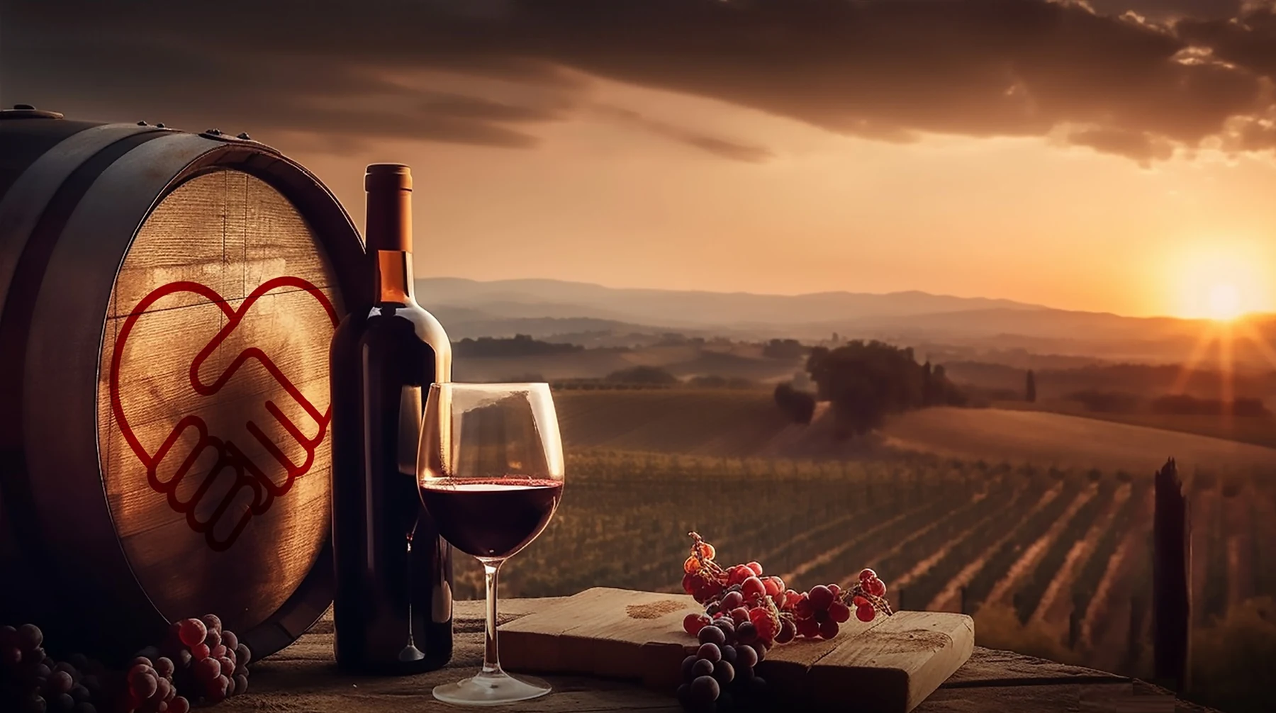 Vino, botte e vigneti al tramonto